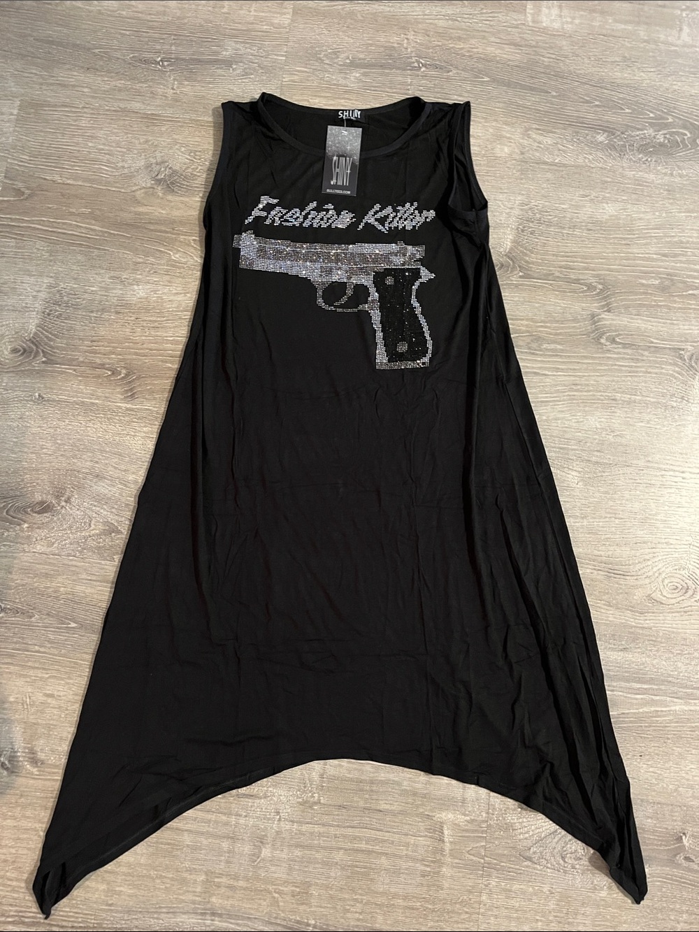 Black Sleeveless Asymmetrical Handkerchief-Hem Dress with Sequin Graphic